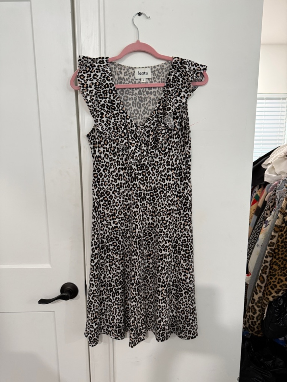 Leota Black & White Leopard Print Ruffle Midi Dress